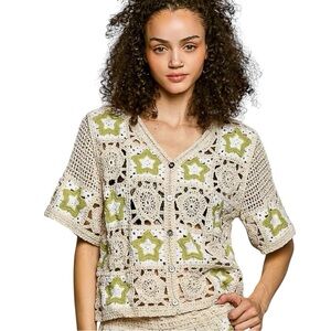 POL Button Up Crochet Star Pattern Top